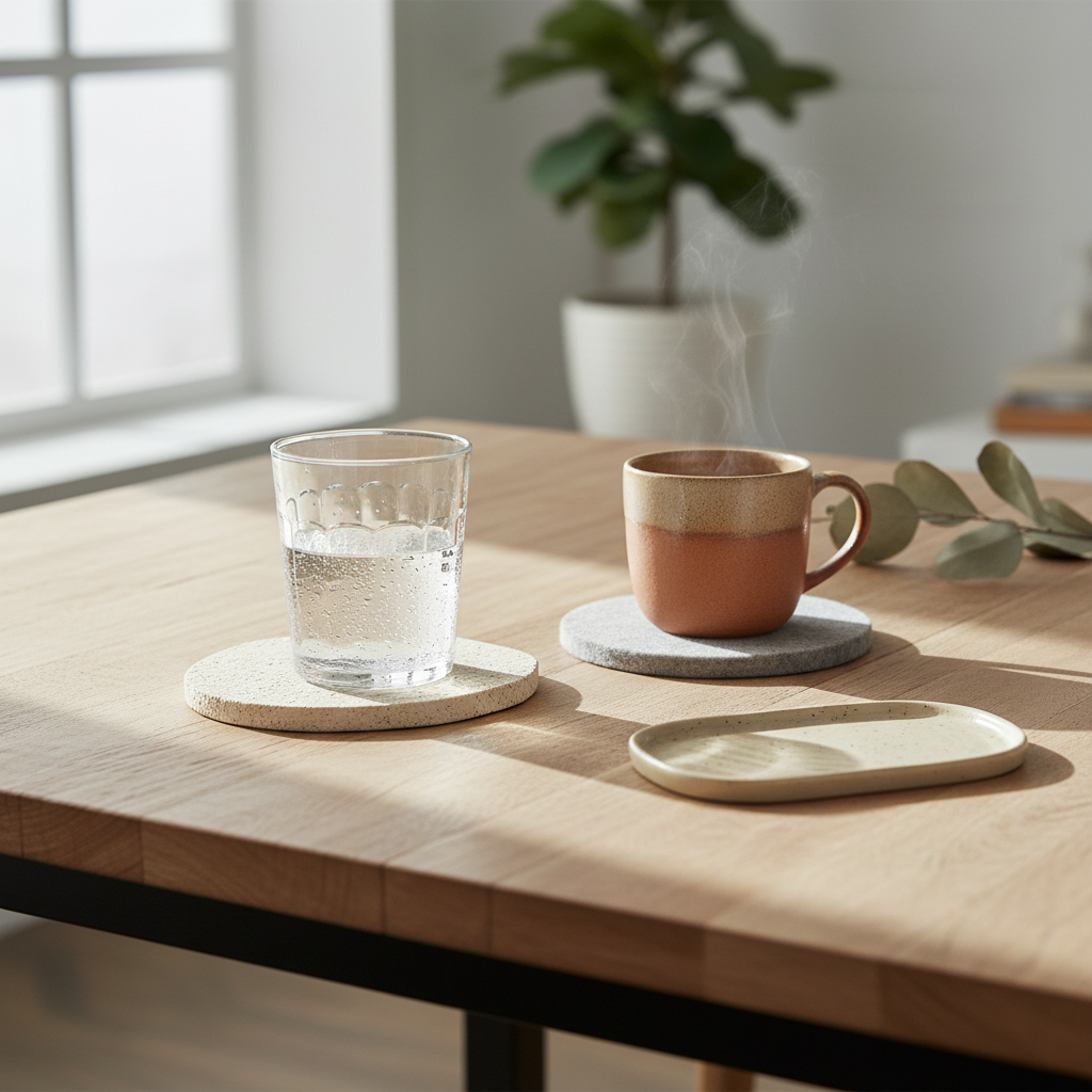 Rustieke eettafel met verschillende onderzetters onder een waterglas en warme mok.