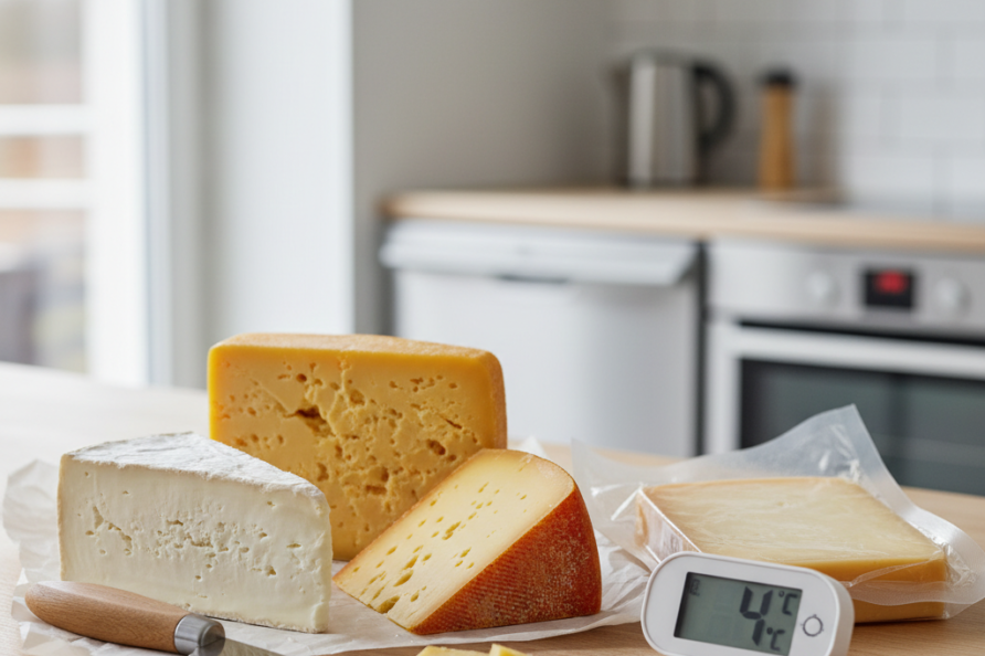 Verschillende stukken kaas met vacuümverpakking, kaaspapier en een koelkastthermometer op een schoon keukenblad.