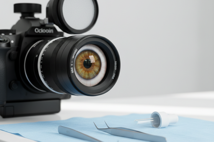 Close-up van een oog dat met macroapparatuur wordt gefotografeerd voor een gedetailleerde irisfoto.