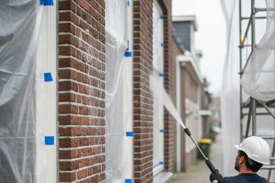 Een vakman reinigt een bakstenen gevel met een zichtbaar proefvlak en afgedekte kozijnen.
