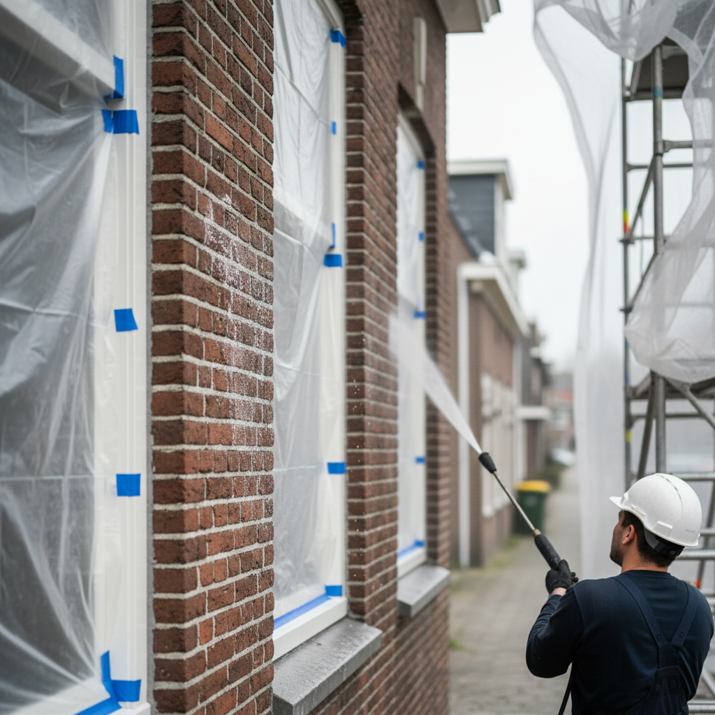 Een vakman reinigt een bakstenen gevel met een zichtbaar proefvlak en afgedekte kozijnen.