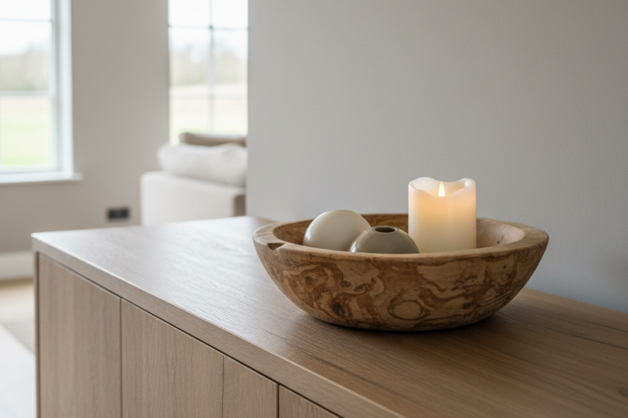 Ronde houten schaal met drie rustige decoraties en een LED-kaars op een landelijk dressoir.